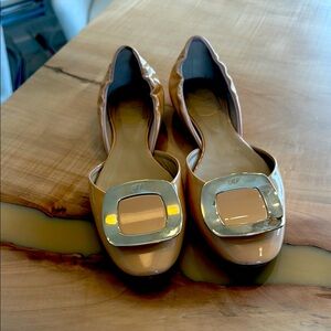 Roger Vivier Tan Flats with gold buckle
